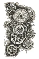 a full arm sleeve with 2 clock faces over gears and roses, fading into a metal gear solid theme. tattoo design idea