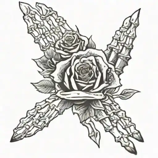 skeleton fingers on hand with rose and cross tattoo design idea