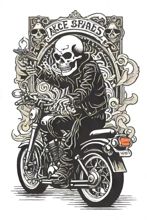 skeleton riding a motorcycle smoking a cigarette, ace of spades card, liquor tattoo design idea