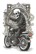 skeleton riding a motorcycle smoking a cigarette, ace of spades card, liquor tattoo design idea