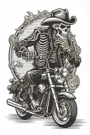 skeleton riding a motorcycle smoking a cigarette, ace of spades card, liquor tattoo design idea