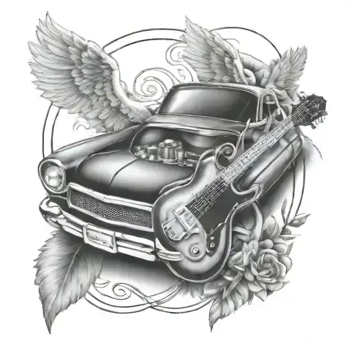 angel wings twin flames with bass guitar tattoo design idea