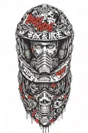 "Born To Ride" texi in horror style, under head of motocross helmet with gun poined to it and below dirt bike tire mark tattoo design idea