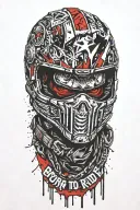 "Born To Ride" texi in horror style, under head of motocross helmet with gun poined to it and below dirt bike tire mark tattoo design idea