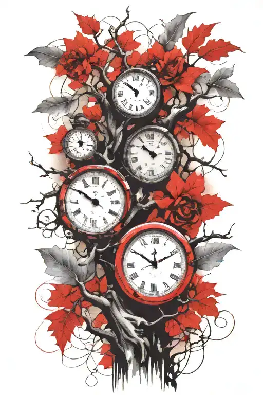 oak tree branches with three clocks integrated into it for an arm sleeve tattoo design idea