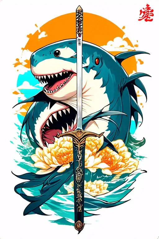 japanese sword, shark tattoo design idea