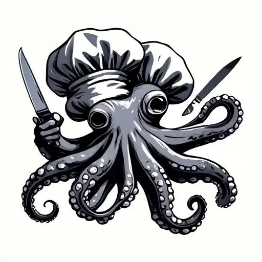 Octopus Chef hat and holding knives and food tattoo design idea