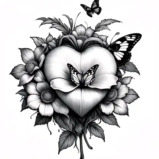 bleeding heart flower with butterfly coming out of flowers like cacoons tattoo design idea