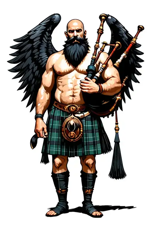 legless shirtless muscular bagpiper bald black beard playing bagpipes huge black wings black background tattoo design idea