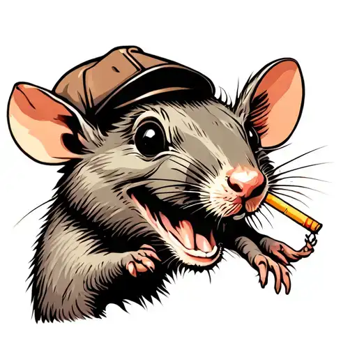 old timey rubber hose cartoon rat wearing a flat cap, open mouth smiling with a lit cigarette hanging out of his mouth tattoo design idea