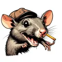 old timey rubber hose cartoon rat wearing a flat cap, open mouth smiling with a lit cigarette hanging out of his mouth tattoo design idea