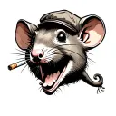 old timey rubber hose cartoon rat wearing a flat cap, open mouth smiling with a lit cigarette hanging out of his mouth tattoo design idea