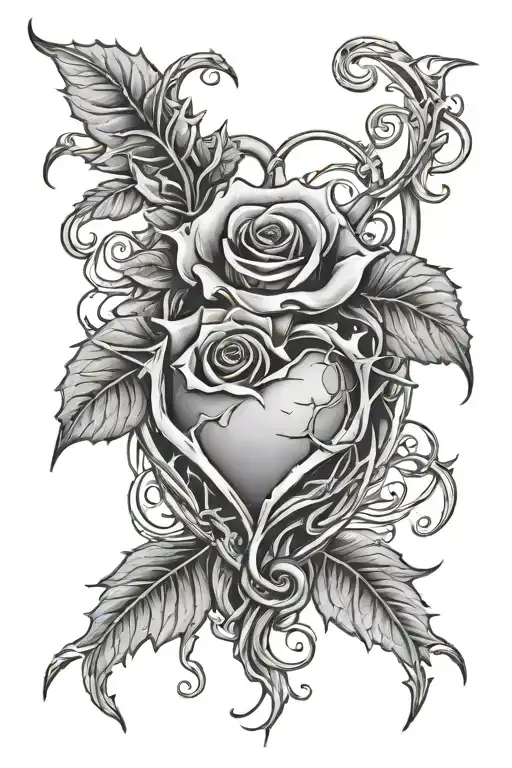 heart and rose with thorns intertwined plus banners tattoo design idea