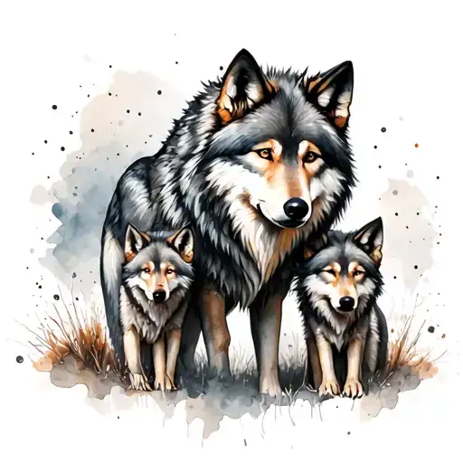 Wolf with their two children in watercolor tattoo design idea