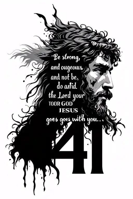 Deuteronomy 31:6 “Be strong and courageous. Do not be afraid; the Lord your God goes with you.” with number 41 and Jesus tattoo design idea