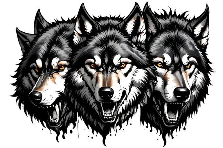 3 agressive wolves facing different directions speak see hear no evil tattoo design idea