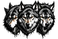 3 agressive wolves facing different directions speak see hear no evil tattoo design idea