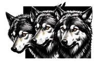 3 agressive wolves facing different directions speak see hear no evil tattoo design idea