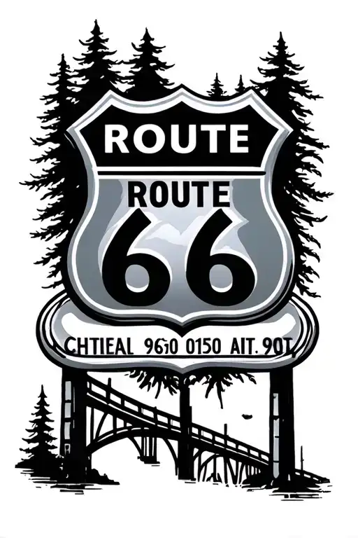 Route 66 sign, bridge, trees, area code intertwined tattoo design idea