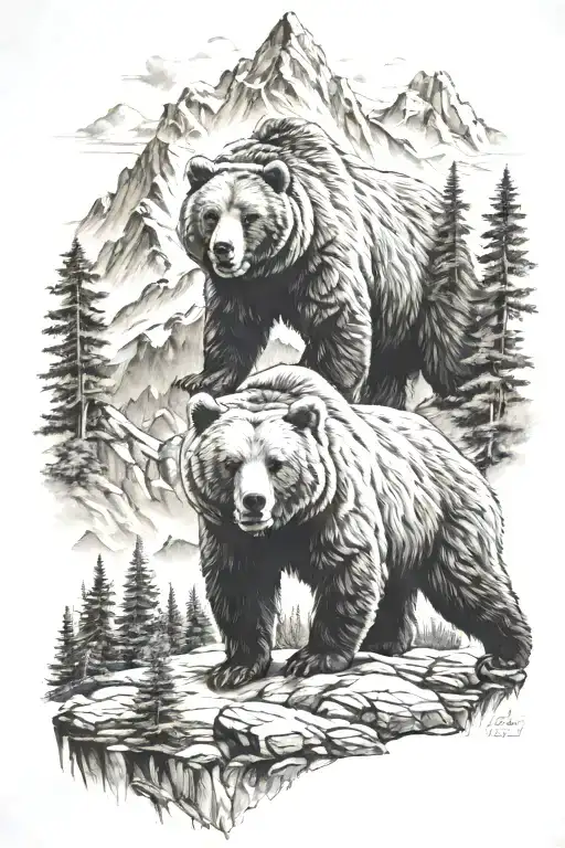 grizzly bear, mountains and trees  tattoo design idea