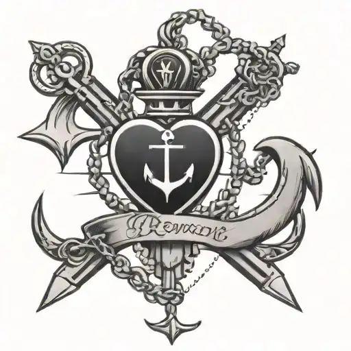 anchor with rosary beads and a heart  tattoo design idea