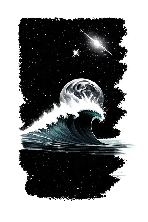 'Let's keep going to the edge' with a wave that spills over a line or a galaxy/shooting star tattoo design idea