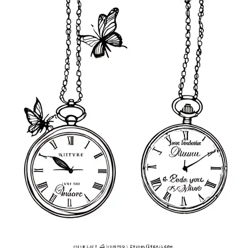fine line tattoo two pocket watches withe names and a butterfly and bee  tattoo design idea