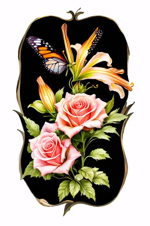 snapdragon flower, roses, lilies and butterfly tattoo design idea