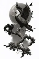 poison tree with a eagle and crow flying around with a moon at the top. tattoo design idea