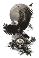 poison tree with a eagle and crow flying around with a moon at the top. tattoo design idea