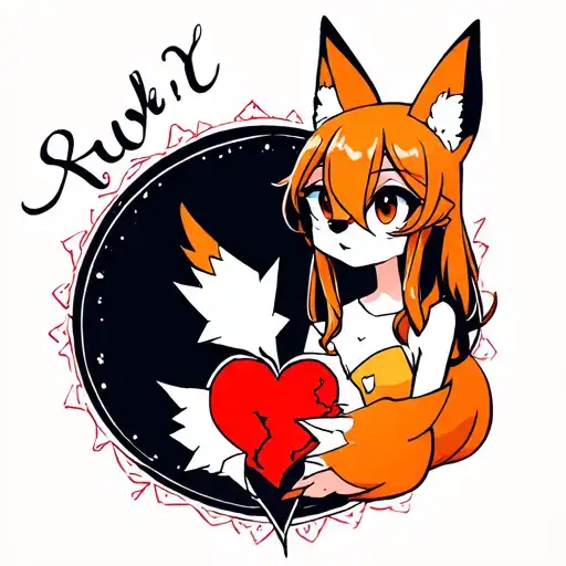 anime fox girl stitching together a broken heart tattoo design idea