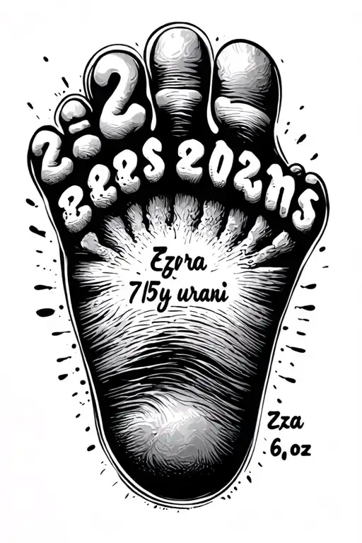 "Ezra uriani 7/15/2025 6.6oz" baby foot print tattoo design idea