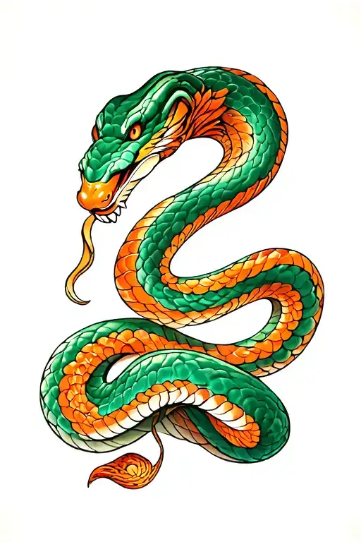 orange and green snake tattoos, framed wooden sticks, turquoise base tattoo design idea