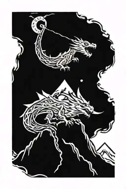 A dragon playing a guitar on top of a mountain peak tattoo design idea