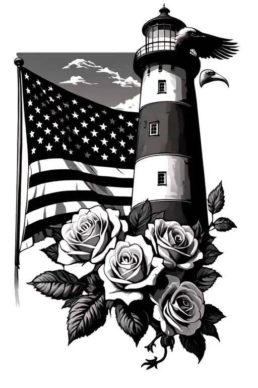 lighthouse and roses and eagle and american flag background tattoo design idea