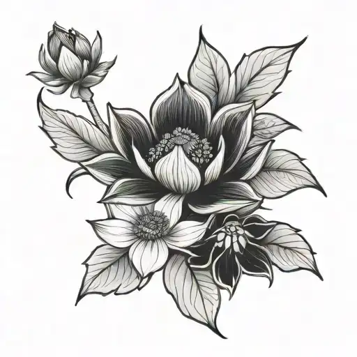 neo traditional lotus and poppy flowers long tattoo design idea