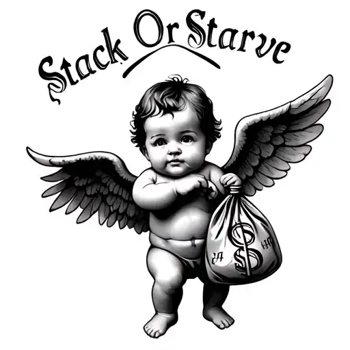 baby angel holding money bag with words above saying Stack Or Starve tattoo design idea