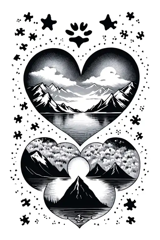 star, heart, paw print, puzzle pieces, lakes and mountains, braille tattoo design idea