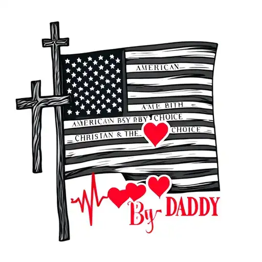 american flag with a cross and three heartbeats with the words american by birth, christian by choice, and daddy by the  tattoo design idea
