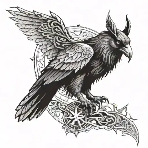 A tattoo featuring the raven of Odin, the Fenris wolf of Loki and a goat of Thor. tattoo design idea