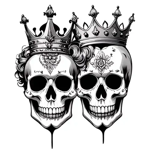 Two skulls, style dia de los muertos one with a king crown and the other with a queen crown. tattoo design idea