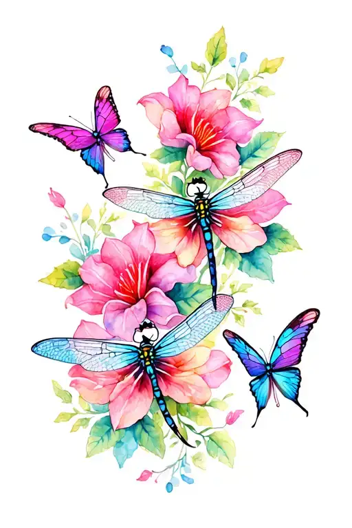 unique dragonflies and butterflies intertwined  with trailing belladonna and oleander flowers tattoo design idea