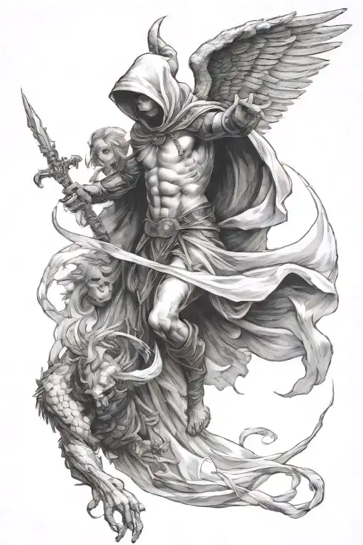 hooded arch angel defeating a demon tattoo design idea