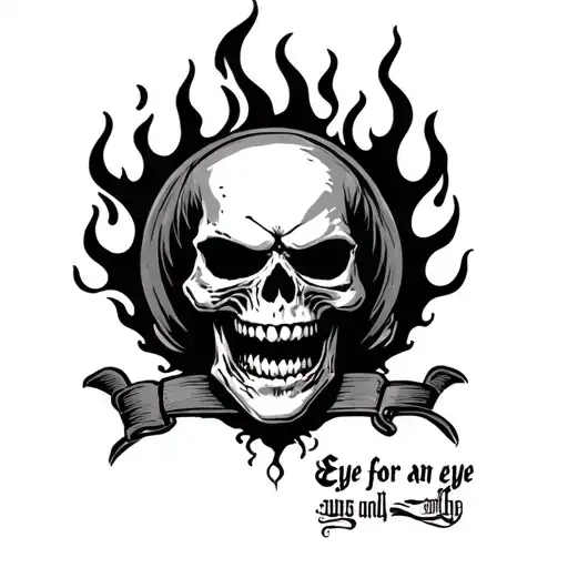 angry skull that says eye for an eye with old writing vehind with flames coming up from the wrist tattoo design idea