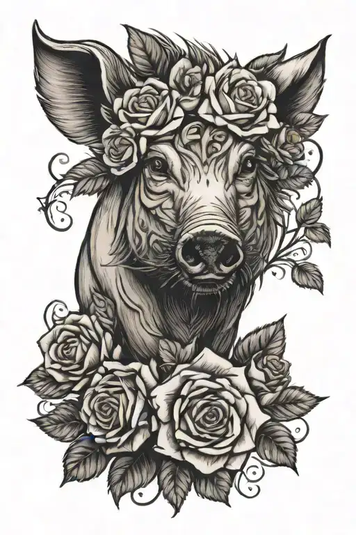 wild hog with roses tattoo design idea