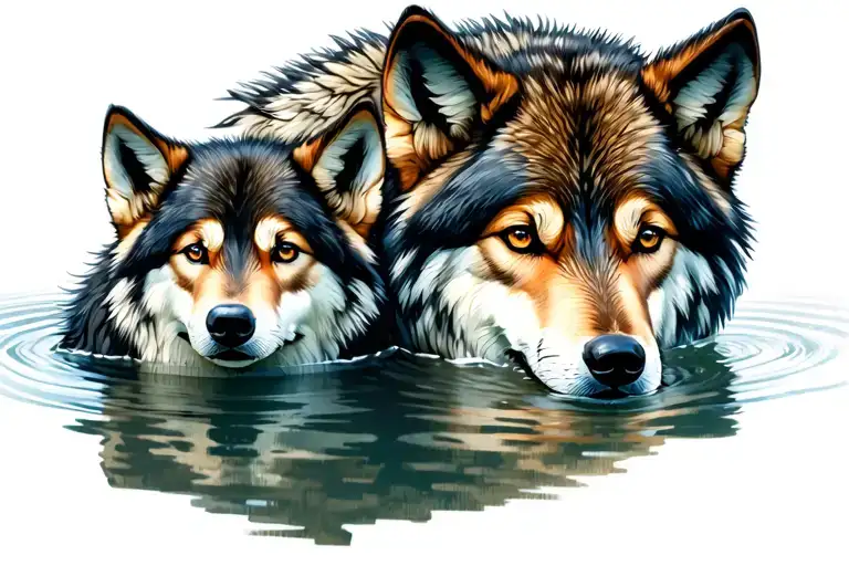 wolf and pup looking in water tattoo design idea