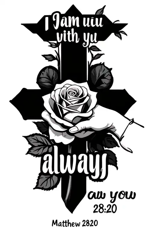 The words "I am with you always - Matthew 28:20" with rose and hand in a cross design. And little like designs to fill  tattoo design idea