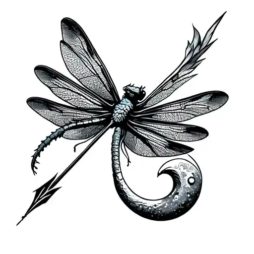 delicate inner arm dragon fly and goddess Diana moon and arrow merging tattoo design idea