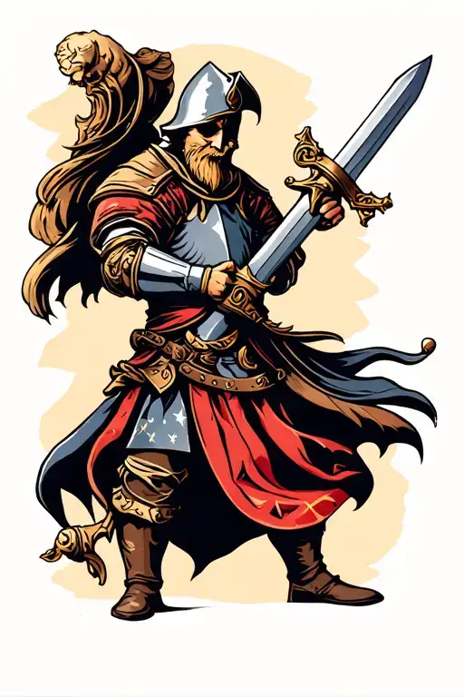 cod book knight holding sword tattoo design idea