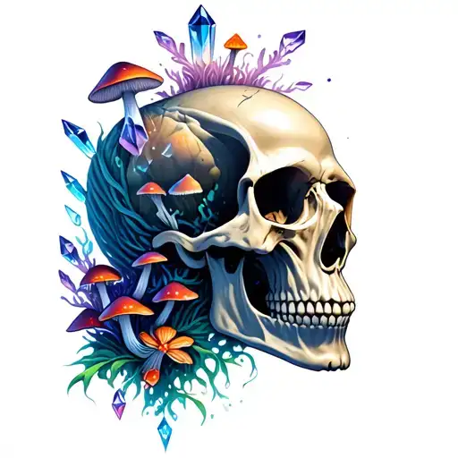 skull with mushrooms and crystals growing off it tattoo design idea